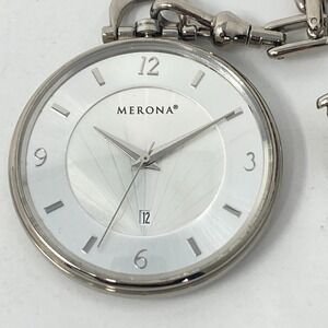 Merona Pocket Watch Men Silver Tone Date w/Chain 43mm Textured Dial New Battery